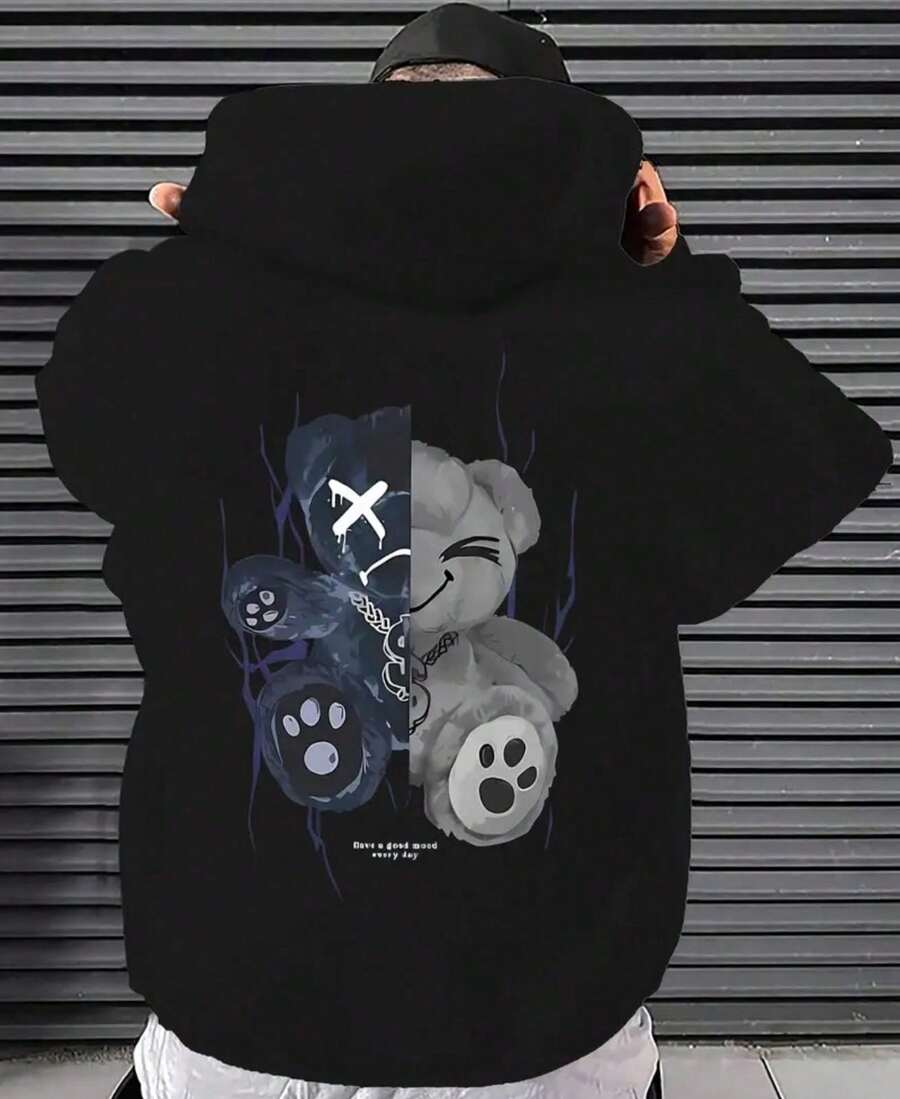 Sudadera de manga larga con capucha y cordón para hombres de poliéster con estampado de toque hidro - Sudadera acolchada para otoño/invierno - Negro - Ver 1