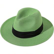 Sombrero de paja de ala ancha para mujer Lanzom, estilo Panamá, enrollable, para playa, con protección solar UPF50+ - Rojo - Ver 15