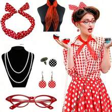 1950s Retro Women's Costume Accessory Set For 1950s Themed Party And Halloween Cosplay: Vintage Party Cosplay, Polka Dot Headband, Earrings, Stud Earrings, Beaded Necklace Accessory Set, Suitable For 1950s Themed Party And Halloween Cosplay, Elegant Costume Accessories, Valentine's Day Holiday Essential Decoration Props, Women's Cosplay Wedding Accessories, Accessories, Women's Headscarf Accessories, Removable Lens - Multicolor - View 2