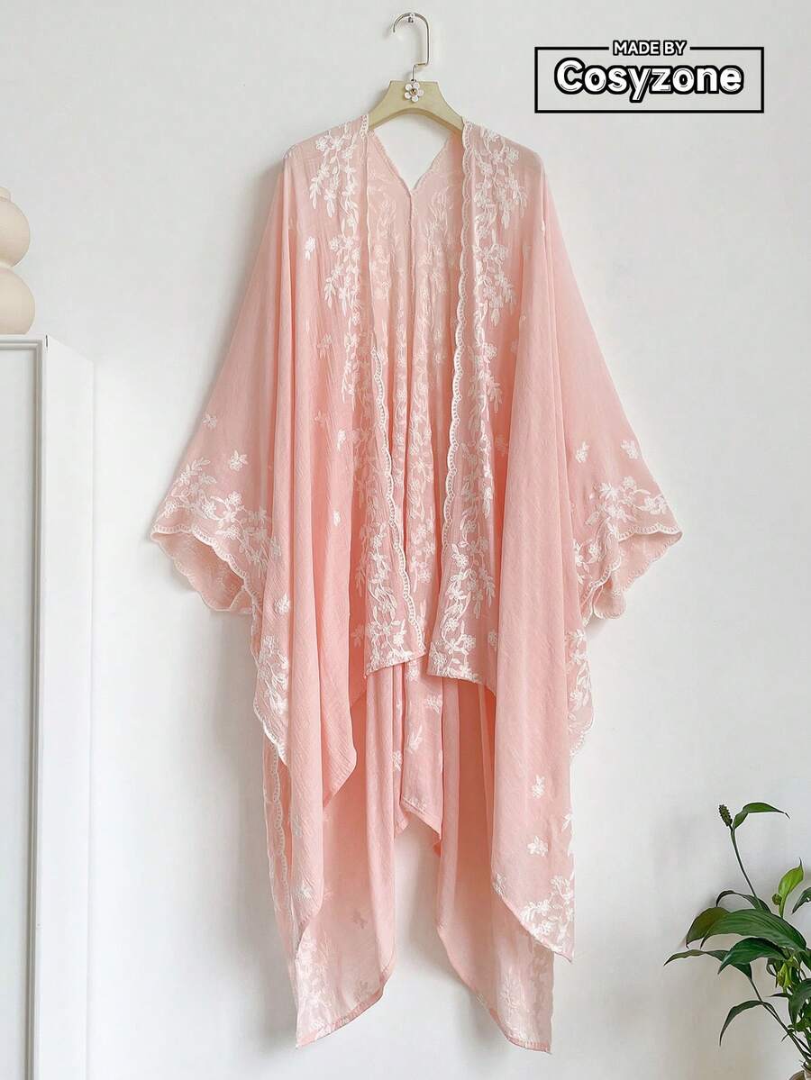 IROJEFF 1pc Elegant Floral Pattern Bohemian Style Embroidered Split Shawl Kimono Sarong For Women, Spring/Summer Outerwear, Beach Vacation Sun Protection, Embroidered Cardigan, Fashionable Versatile Lightweight Luxury Decor, Suitable For Daily Matching, Gift Choice - Pink - View 1