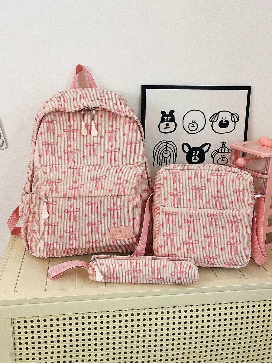 Juego de 3 piezas de mochila de nailon con estampado de lazo y corazón, mochila plegable conúltiples bolsillos de gran capacidad y cremallera, adecuada para adolescentes y estudiantes de s - Rosa 3 - Ver 1