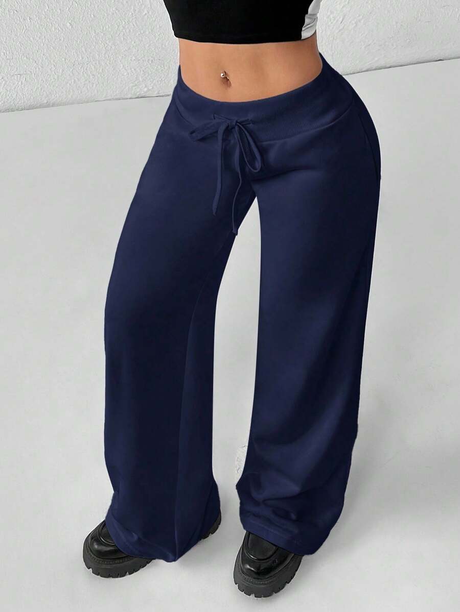 PETITE Women's Smooth Fabric Sports Trousers, Comfortable And Casual, Low Waist And Wide Leg, Autumn Clothing For Women, Winter Clothing For Women - 海軍藍 - 查看 1