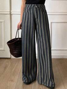 Pantalones vaqueros largos rectos de pierna ancha para mujer, estilo casual de negocios para oficina, holgados, con patchwork de bloques de c - Azul - Ver 5