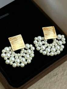 1 Pair Elegant Square Pearl Cluster Earrings, Luxury Vintage Style Women's Jewelry, Suitable For Party, Banquet, Travel And Daily Wear - Gold - View 4