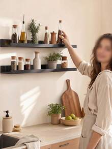 1pc White Wall-Mounted Floating Shelf For Kitchen, No-Drill Installation, Dedicated Storage For Kitchen Seasoning Jars / Dry Food Sealed Containers / Coffee Utensils! Nail-Free, No-Trace, For Tile Walls, Easy And Quick Installation, Thickened And Widened Board With Strong Load-Bearing Capacity, Moisture-Proof And Oil-Resistant, Easily Organize Oil, Salt, Sauce, Vinegar Bottles, Dry Food Jars, Kitchen Tools, Say Goodbye To Cluttered Countertops - View 9