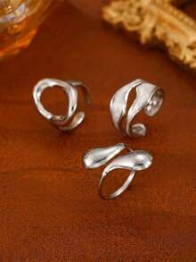 RAYQUEEN 3pcs/Set Fashion Stainless Steel Polished Water Drop Hollow Asymmetric Rings Gift Jewelry Suitable For Women Daily Wear - Steel - View 3