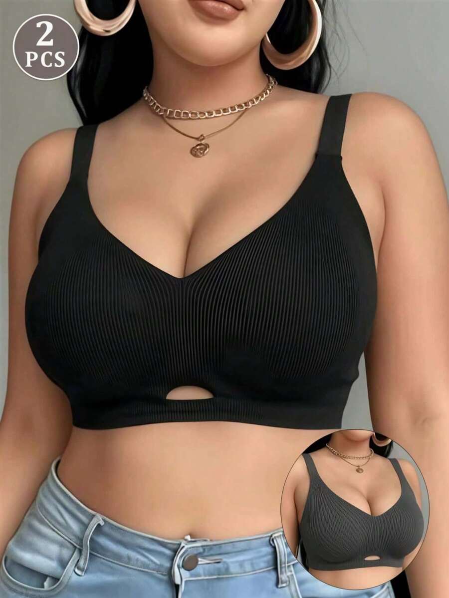 2件組 柔軟支撐乳膠抗菌無縫內衣,小胸聚攏,側胸包覆,防下垂,無鋼圈女款內衣 - 彩色 - 查看 1