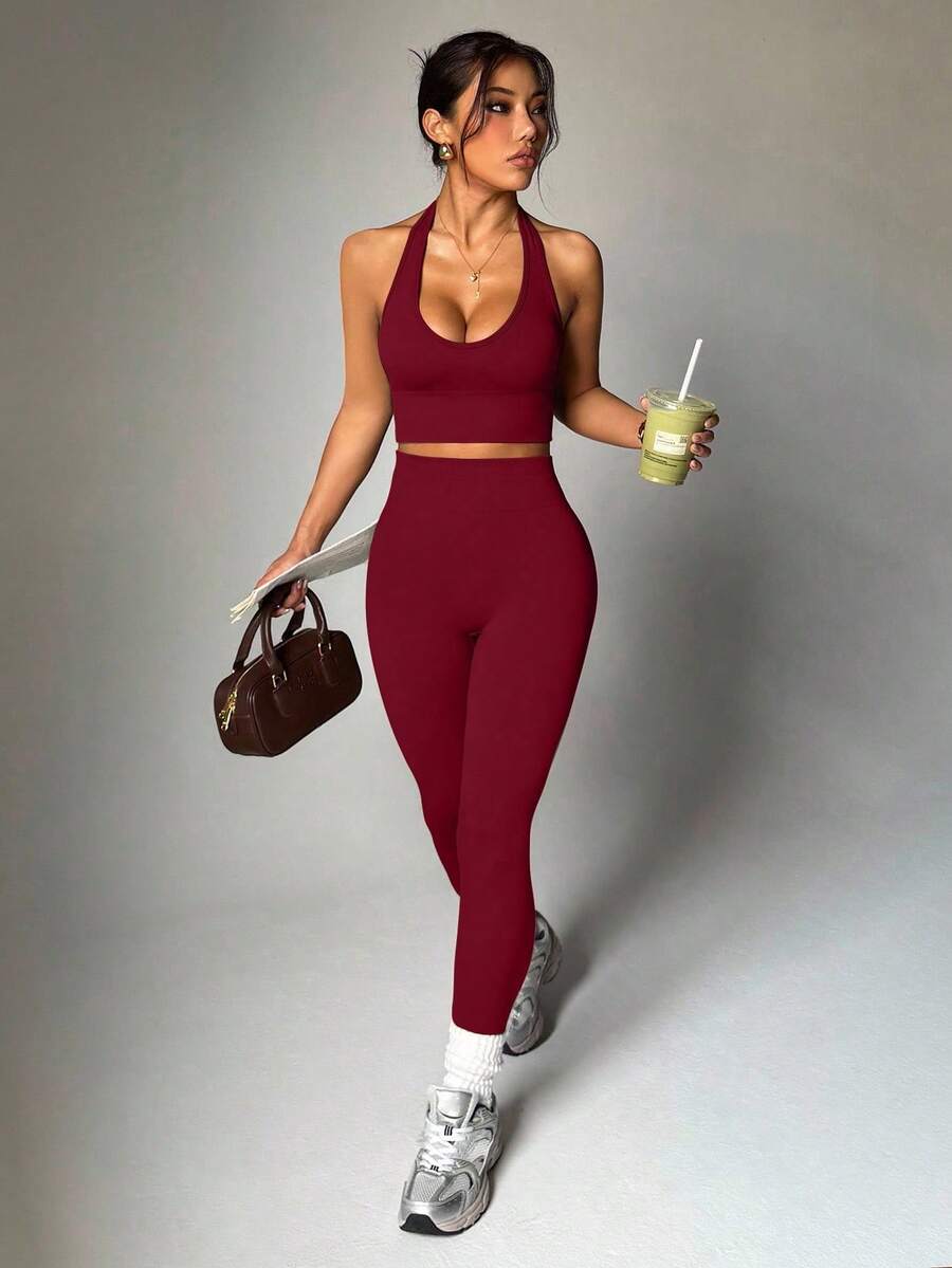 Dewbera Women's Minimalist Solid Color Halter Top And Pants Sports Set For Everyday Wear - بوردو - مشاهدة 1