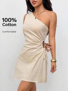 XUZHIZ  PETITE Vestido mini de un solo hombro para mujer, 100% algodón, cómodo y transpirable - Albaricoque - Ver 4