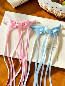 2pcs Cute Angel Wings Long Ribbon Hair Clips, Sweet Pearl Bow Hair Accessories For Girls, Decorative Side Hair Clips - Multicolor - View 1