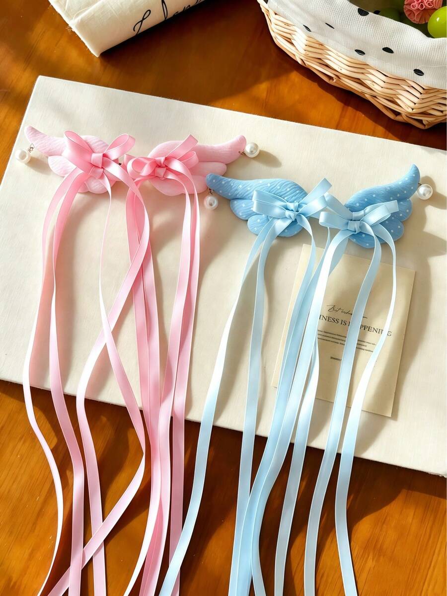 2pcs Cute Angel Wings Long Ribbon Hair Clips, Sweet Pearl Bow Hair Accessories For Girls, Decorative Side Hair Clips - Multicolor - View 1