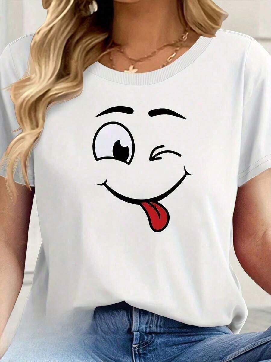 Camiseta de Mujer con Estampado Divertido de Cara Feliz, Blusa de Cotton Algodón Algodón Casual, Linda, Manga Corta, Cuello Redondo - Blanco - Ver 1