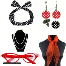 1950s Retro Women's Costume Accessory Set For 1950s Themed Party And Halloween Cosplay: Vintage Party Cosplay, Polka Dot Headband, Earrings, Stud Earrings, Beaded Necklace Accessory Set, Suitable For 1950s Themed Party And Halloween Cosplay, Elegant Costume Accessories, Valentine's Day Holiday Essential Decoration Props, Women's Cosplay Wedding Accessories, Accessories, Women's Headscarf Accessories, Removable Lens - Multicolor - View 9