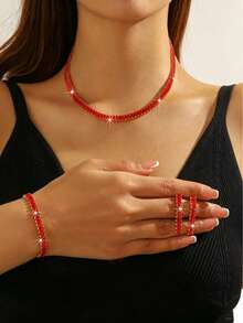 3 Pieces Set Of Zirconia-Encrusted Rectangular Necklace, Bracelet, And Earrings, Suitable For Women's Weddings And Parties - Red - View 1