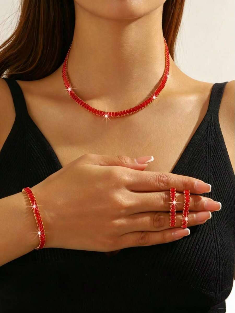 3 Pieces Set Of Zirconia-Encrusted Rectangular Necklace, Bracelet, And Earrings, Suitable For Women's Weddings And Parties - Red - View 1