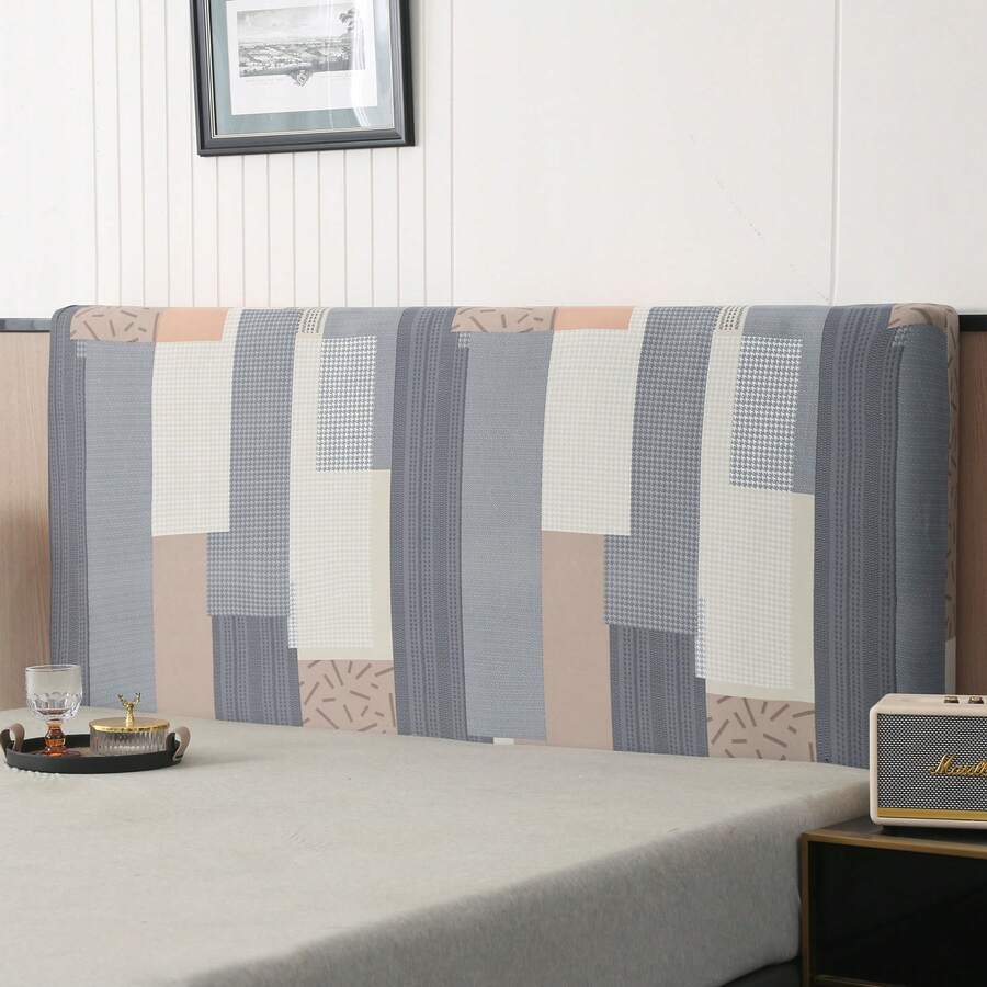 1pc Stretchable Milk Silk Headboard Cover, All Inclusive, Simple Geometric Pattern Design, Soft Polyester Fiber Fabric, Modern Style Bedroom Furniture Protective Cover Suitable For Single And Double Beds - Grey - View 1