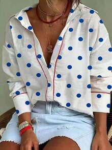 Blusa elegante de lunares, nueva serie primavera/verano para mujeres| Esta lujosa blusa de manga larga con estilo retro está diseñada para primavera y verano, con detalles decorativos contra - Azul y blanco - Ver 5