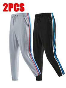 2pcs Women's Solid Color Drawstring Elastic High Waist Side Red & Blue Contrast Color Three-Stripe Woven Tape Patchwork Soft Knit Jogger Pants, Outdoor Sports Long Pants - Light Grey - View 2