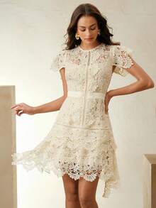 Vestido de verano elegante para mujeres con cuello redondo, manga corta, parches florales, bordados calados y encaje, ideal para primavera, vacaciones y festivales - Azul - Ver 10