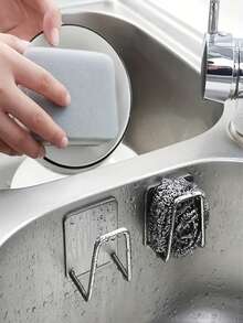 1/3 Piecesstainless Steel Kitchen Sink Sponge Rack, Drain Rack, Wall-Mounted Storage Rack Hook, No-Drill Kitchen Storage Rack, Sponge And Washbasin Bracket, Easy To Install, Space-Saving, Practical Hooks, Kitchen Accessories, Christmas Gift. - Multicolor - View 3