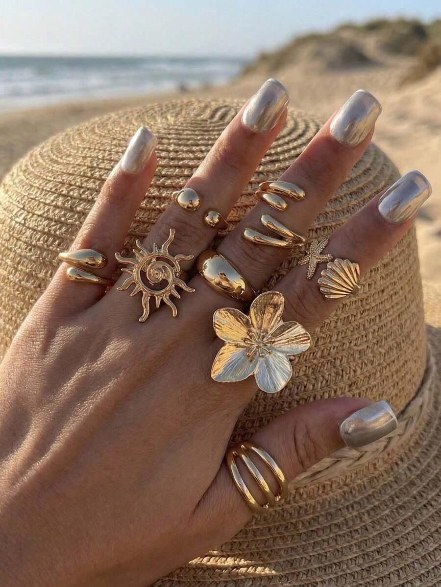 Set de 8 anillos apilables chapados en oro con diseño bohemio de girasol, concha y estrella de mar, joyería personalizada exagerada, estética Y2K, adecuado como regalo de vacaciones, novia o - Dorado - Ver 1