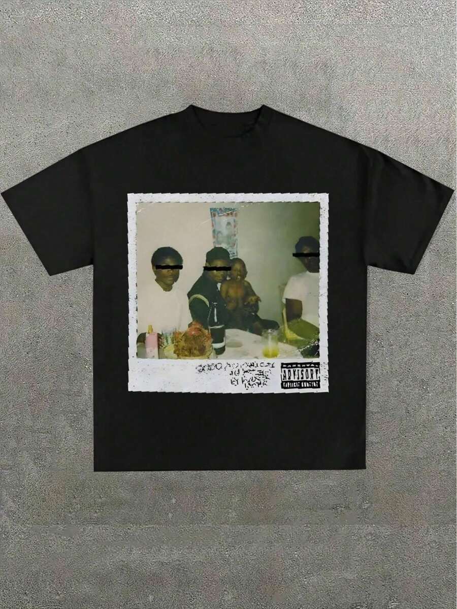 T-shirt da uomo, copertina dell'album "Good Kid Maad City 1" di Kendrick, 100% cotone, stampa casual, camicie uomo estate - nero - Visualizzare 1