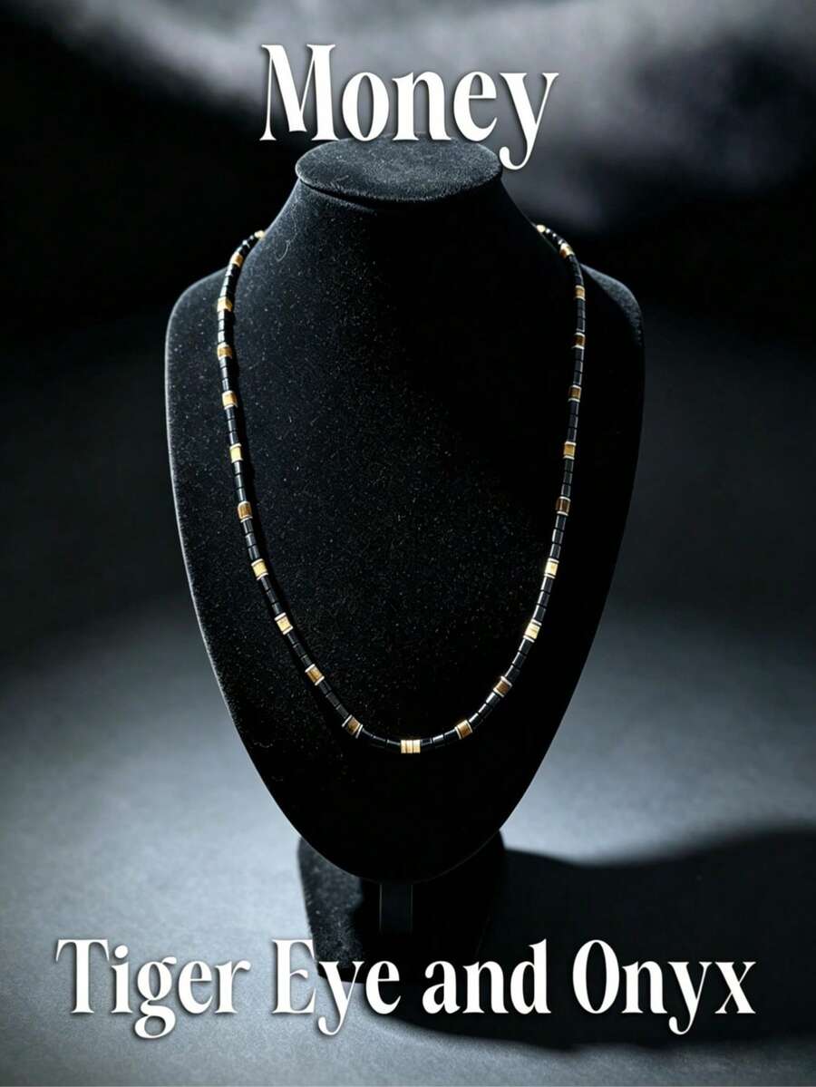 Tiger Eye & Black Agate Square Bead Thin Necklace 45+5cm Gold Plated Extension Chain Men's Business Collarbone Chain - Multicolor - View 1
