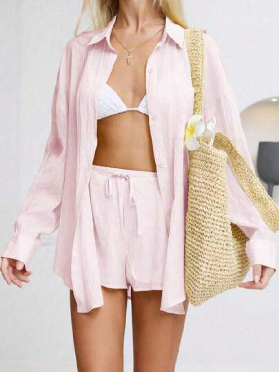 Set de 2 piezas de camisa de manga larga holgada de lino de unicolor y pantalones cortos de tiro bajo para mujeres, ideal para vacaciones y - Rosa - Ver 1