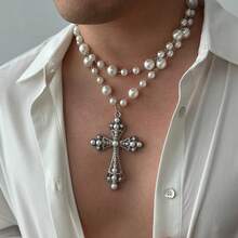 Colgante de cruz de lujo vintage europeo y americano, collar de perlas versátil unisex, conjunto de joyas de estilo gótico para fiestas. - Negro - Ver 4