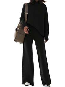 AOHITE Mujeres Adultas Conjunto de Ropa Casual Beige: Camiseta de Manga Larga con Cuello Redondo y Pantalones Anchos - Caqui - Ver 10