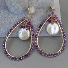 Pendientes de Lágrima Redondos de Amatista, Chapados en Oro, con Perla Blanca y Ágatas de Encaje Morado y Azul PWIGAAHTW - 1 - Ver 5