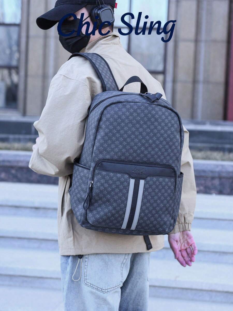 SHILAN Simple Striped Decor Daily Backpack Hardwearing Printed Fabric Top Handle Design Spacious Storage Outdoor Sports Business Travel Shoulder Bag - Black - View 1