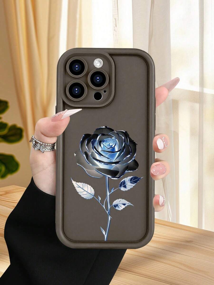 1 Piece Phone Case With A Metallic Rose Design In Shades Of Blue On A Black Background, A Modern And Elegant Style Ideal For Art Lovers And Special Occasions, Soft TPU, Full Impact And Anti-Slip Protection, Compatible With IPhone 17 ProMax/16/15/14/13/12/11/Plus/Pro/ProMax, Compatible With Galaxy A34/A35/A54/A55, Galaxy S20/S21/S22/S23/S24/S25 Ultra/Plus, Compatible With Galaxy//Honor// - 棕色 - 查看 1