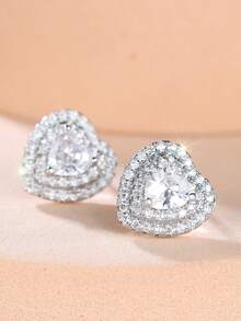 1 Pair Of Sweet Double-Layer Heart-Shaped Diamond-Studded Women's Earrings-Eye-Catching, Lightly Luxurious Jewelry For Confessions, Gifts, And Parties - Silver - View 4
