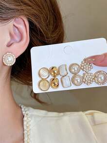 12pcs Fashion Personalized Pearl Geometric Round Stud Earrings, Sweet Romantic Multi-Style Earrings For Women And Girls, Party, Banquet, Travel, Vacation, Birthday Gift, Accessory Jewelry - Gold - View 3