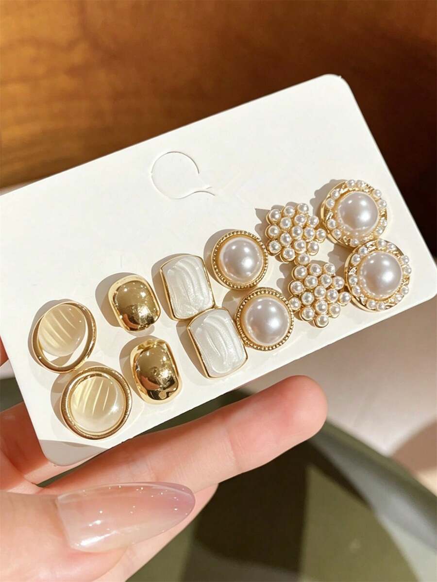 12pcs Fashion Personalized Pearl Geometric Round Stud Earrings, Sweet Romantic Multi-Style Earrings For Women And Girls, Party, Banquet, Travel, Vacation, Birthday Gift, Accessory Jewelry