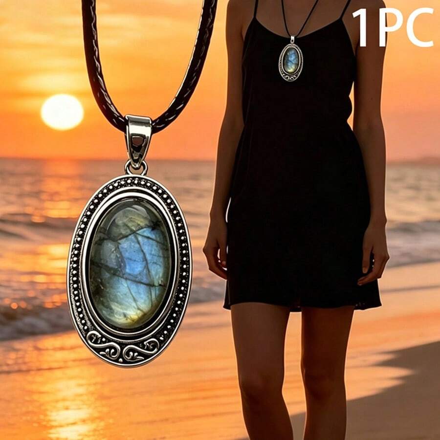 1 pieza Colgante de piedra natural para hombres y mujeres Colgante de labradorita con tonos iridiscentes azul & verde para la fabricación de joyas (No incluye cuerda de cuero) - Multicolor - Ver 1