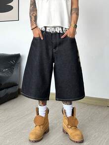 1 Stück Justice Brother lässige, locker sitzende Denim-Shorts mit bestickter Gesäßtasche, vielseitige Sommer-Streetwear, bequeme Bermuda-Shorts (ohne Gürtel/Zubehör) - Schwarz - Übersicht 2