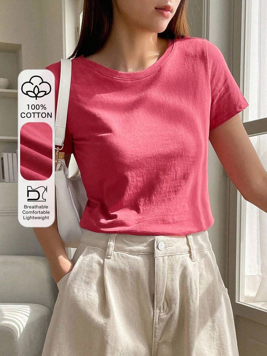 Short-Sleeved T-Shirt With Round Neck And Solid Color - Redwood - View 1