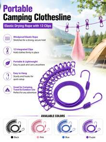 1 Set Portable Outdoor Camping Clothesline With 12 Clips, Travel Retractable Windproof Elastic Rope, Essential Camping Tool For Hanging Clothes - Multicolor - View 11