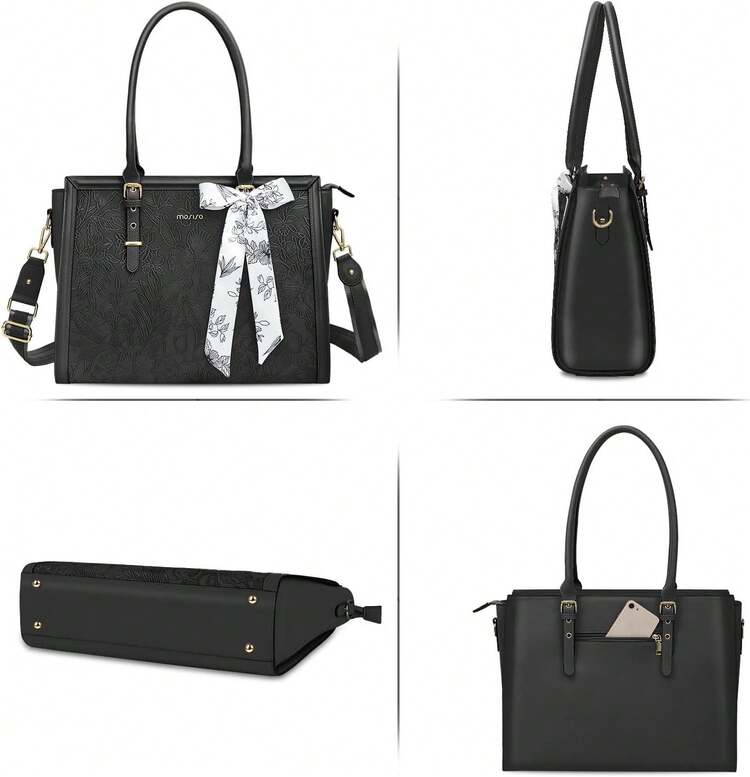 Laptop PU Cuero Tote Bolsa para Mujer,15.6-16 Pulgadas Compatible con MacBook,HP,,Asus Portátil,Frente en Relieve Retro Hibiscus Bolsa con Bufanda de Seda&Monedero Pequeño,Verde Antiguo - Negro - Añade 7