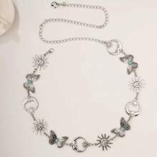 Women's Vintage Gold Starry Sky Waist Chain Belt, Sun Moon Turquoise Butterfly Pendant Adjustable Metal Body Chain Belt, Bohemian Western Dress Accessory - Light Grey - View 1