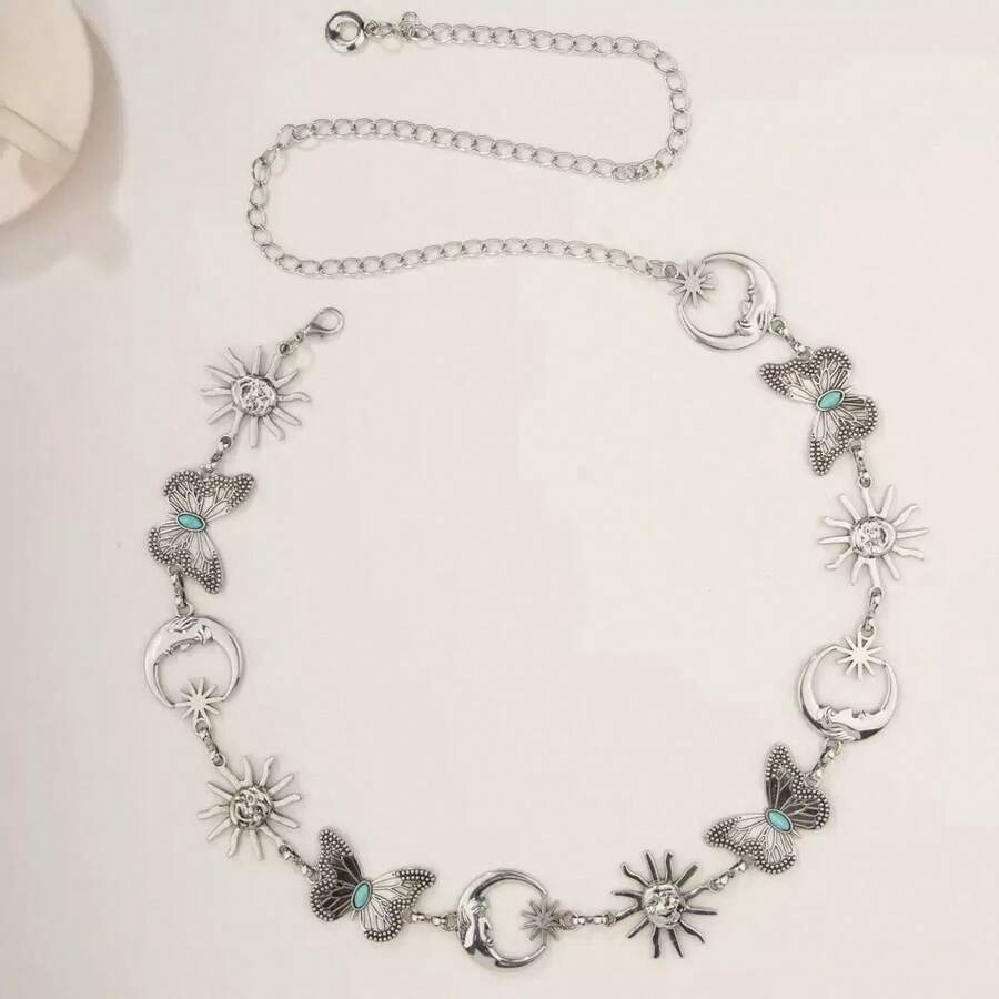 Women's Vintage Gold Starry Sky Waist Chain Belt, Sun Moon Turquoise Butterfly Pendant Adjustable Metal Body Chain Belt, Bohemian Western Dress Accessory - Light Grey - View 1