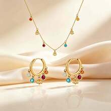 18K Gold Plated Iris Flower Elegant Versatile Gold & Colorful Zirconia Stud Earrings And Necklace Jewelry Set For Women - Gold - View 1