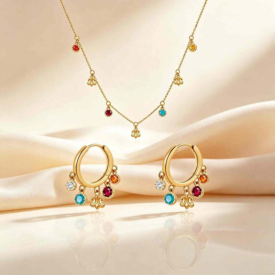 18K Gold Plated Iris Flower Elegant Versatile Gold & Colorful Zirconia Stud Earrings And Necklace Jewelry Set For Women - Gold - View 1