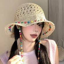1pc Versatile Breathable Colorful Wooden Bead Straw Hat For Women, Hollow Out Wide Brim Sun Protection Hat, Foldable Bucket Hat - A - View 4