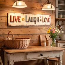 2D Flat - This Is A 2D Flat Metal Wall Plaque Featuring The Phrase "Live Laugh Love" Along With Heart And Face Designs. It Has A Vintage Rustic Farmhouse Style, Measuring 3.94X15.75 Inches (10X40 Cm), With Distressed White And Brown Edges. Perfect For (Random Style) - A - View 6