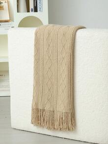 1pc Wavy Pattern Bed Throw, Nordic Style Acrylic Rectangular Tassel Solid Color Sofa Cover Blanket, Bed Decorative Blanket, Nap Blanket, Knitted Blanket - Vertical Diamond Khaki - View 3
