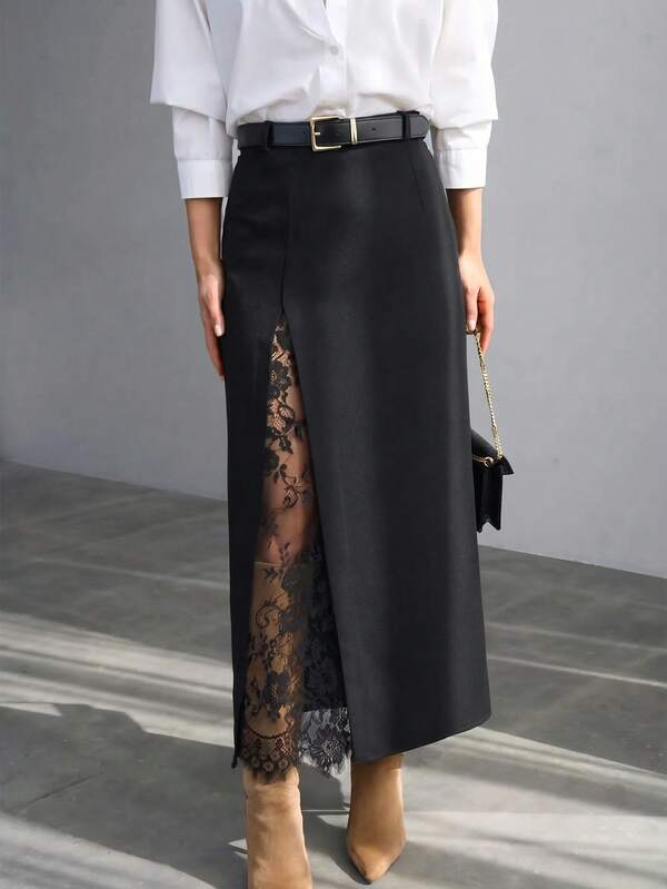 New Summer Lace Patchwork High Slit Skirt, Commuting Versatile Straight Silhouette Skirt Black