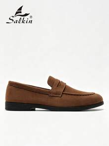 Salkin 男士奢華設計師便貨樂福鞋，套腳式純色柔軟麂皮休閒鞋，適合現代生活的平價奢華款，舒適透氣防滑耐磨底，時尚優雅紳士社交鞋，適合日常穿著、學生畢業典禮、學院風商務正裝鞋，辦公室派對宴會，春夏秋季鞋款，尺寸偏小，建議選擇大一號 - 摩卡棕 - 查看 3